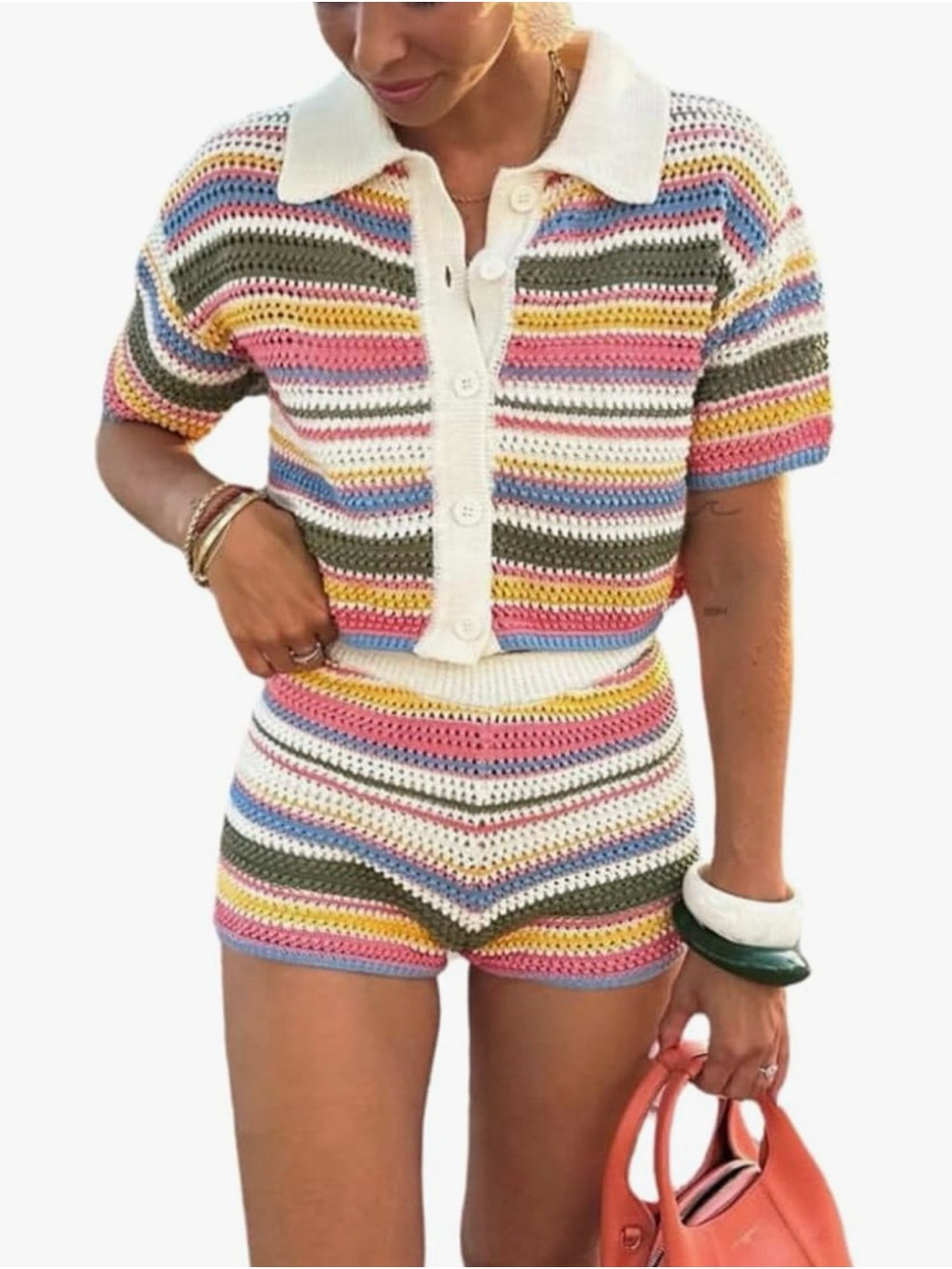 Striped Crochet Knit Women’s Shorts - Multicolor